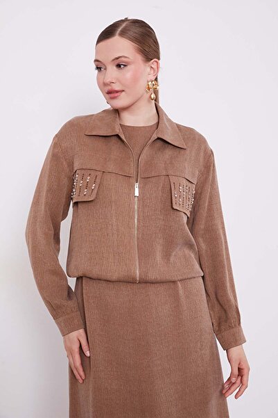 Levidor Camel Stone Detailed Zippered Jacket Set