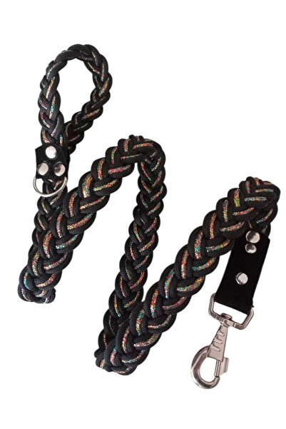 balkonda حزام مشي للكلاب مع مقود جلدي، 9 طبقات من الجديلة المنسوجة، أسود وفضي