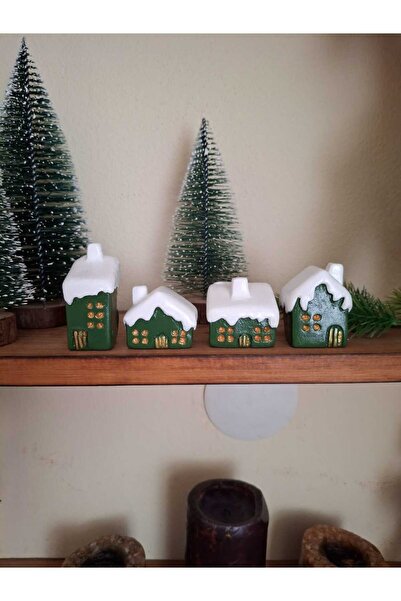 Dekorasyon Bahçesi 4’lü Mini Noel Evi Seti – Taş Tozundan El Boyaması Dekorat...