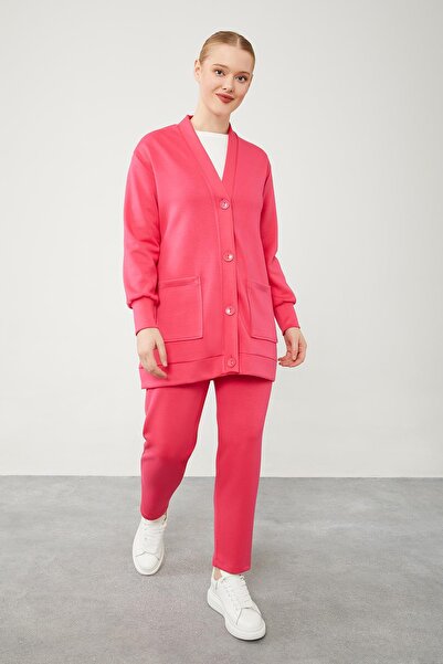 Levidor Fuchsia Button Closure Cardigan Suit with Pants