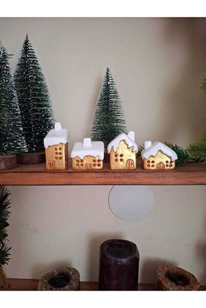 4’lü Mini Noel Evi Seti – Taş Tozundan El Boyaması Dekoratif Yılbaşı Köyü Figürleri