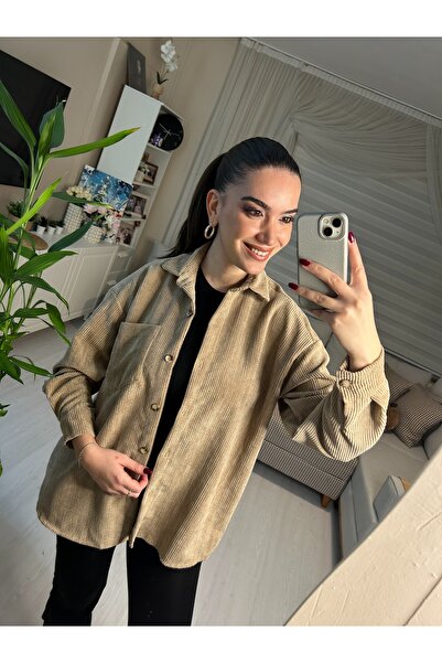 SelenFashion Bej Kadife Dokulu Oversize Gömlek
