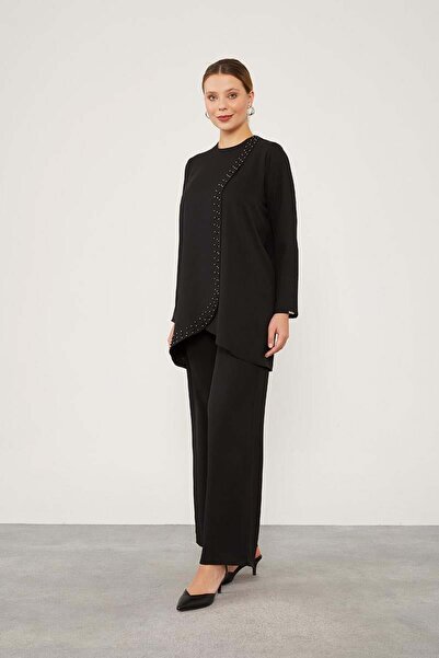 Levidor Black Pearl Embroidered Chiffon Two-Piece Suit
