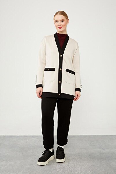 Levidor Bej-Siyah Düğme Kapamalı Hırkalı İkili Takım