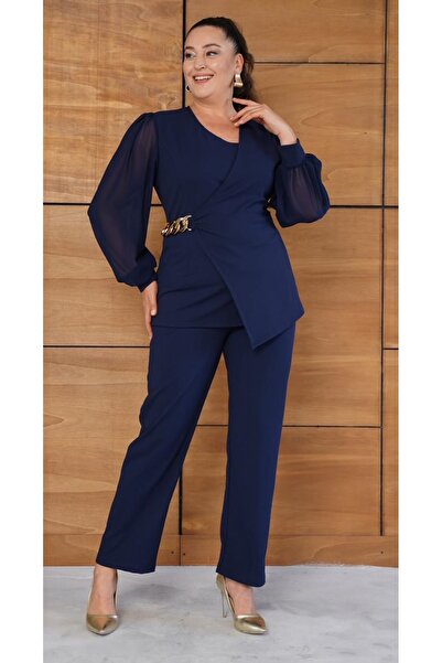 Butik Nilyam Women's Plus Size Double-Breasted Lapel Chiffon Sleeve Chain Brooch Detail Blouse Pants Evening Dress Suit 25066