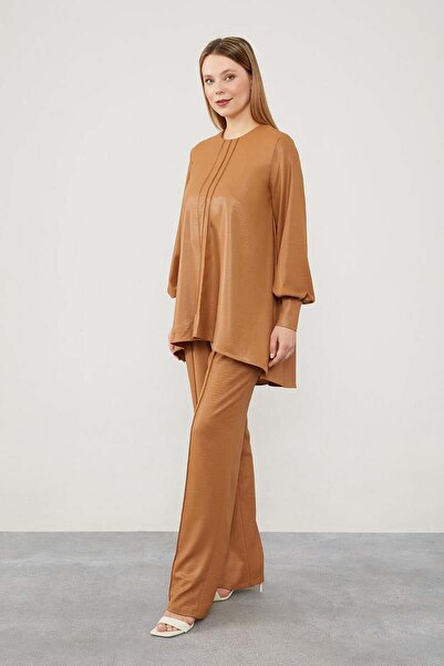 Levidor Asymmetric Cut Brown Balloon Sleeve Trousers Set