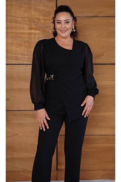 Butik Nilyam Women's Plus Size Double-Breasted Lapel Chiffon Sleeve Chain Brooch Detail Blouse Pants Bottom - Top Set 25071