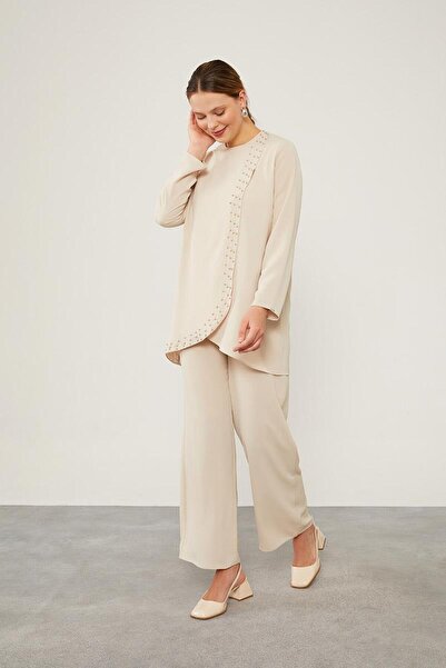Levidor Latte Pearl Embroidered Chiffon Two-Piece Suit