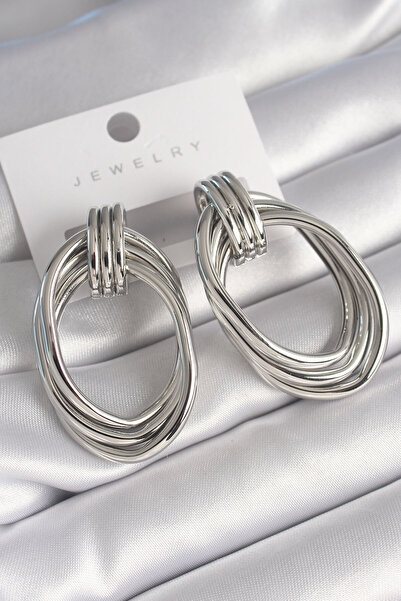 Mustran Brass Silver Color Oval Model Women's Earrings