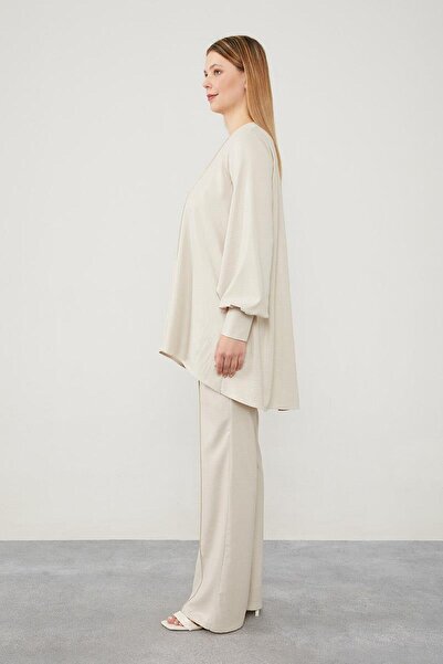 Levidor Stone Asymmetrical Cut Balloon Sleeve Trousers Suit