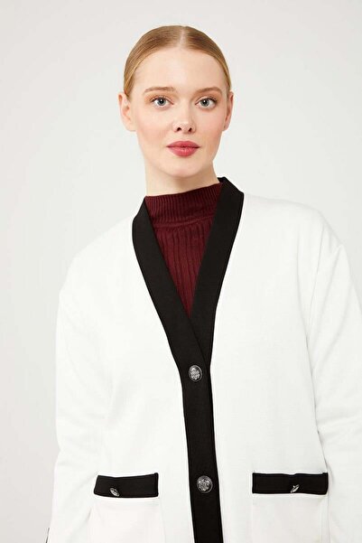 Levidor Ecru-Black Button Closure Cardigan Double Suit