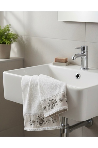 %100 Pamuk Gri Çiçek Desenli Nakışlı 50X90 El , Yüz Havlusu , Banyo Havlusu