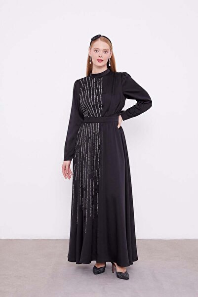 Levidor Black Stone Embroidered Evening Dress Satin Dress