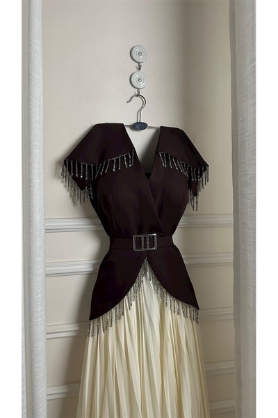 ODAYLZ Chiffon evening dress with pleats and sparkling crystal fringe.