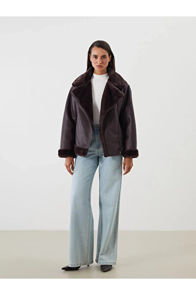 LC Waikiki Classic Loose/Bol Kesin Brown Fur Collar Plush Lining Leather-Look Women's Coat