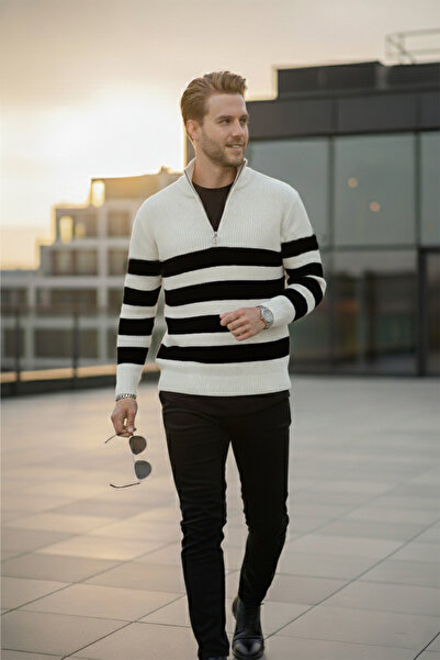 DeepSEA Men's Ecru Half Zipper Oversized Cut Knitwear Sweater Cotton Soft Knit Striped Sweater 2608513