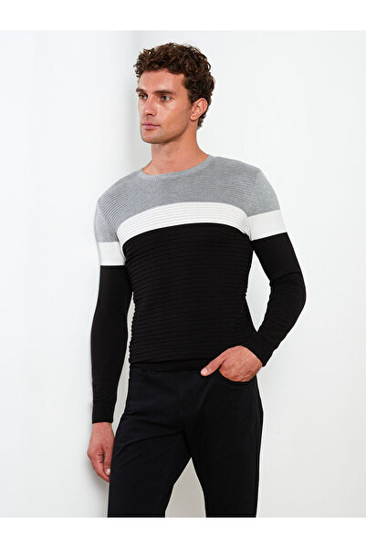 LC Waikiki Black Crew Neck Long Sleeve Color Block Men's Knitwear Sweater