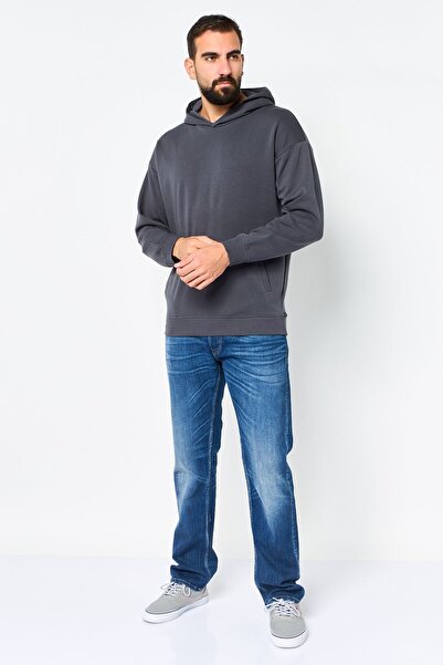 Algspar Men Plain Long Sleeve Hoodie, Dark Grey