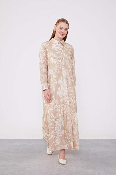 Levidor Beige Flounce Dress - Shirt Collar