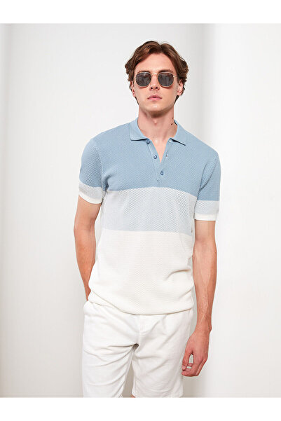 LC Waikiki Blue Polo Neck Short Sleeve Color Block Men's Knitwear Sweater