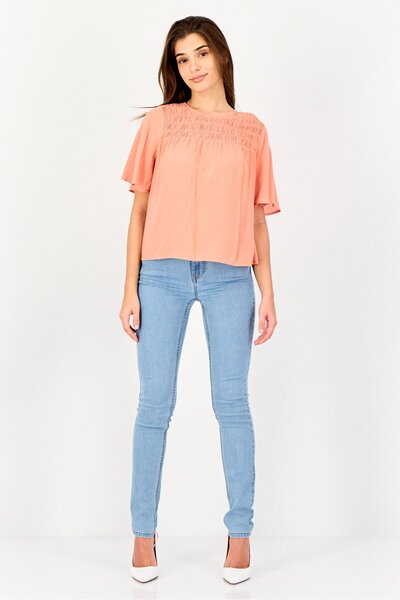 Levi's Women Round Neck Ruffle Sleeve Ruched Top, Coral