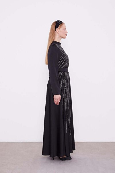 Levidor Black Stone Embroidered Evening Dress Satin Dress