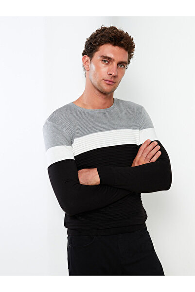 LC Waikiki Black Crew Neck Long Sleeve Color Block Men's Knitwear Sweater