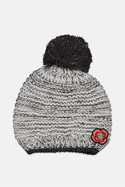 IKKS Toddlers Girl Textured Pom Beanie, White/Grey