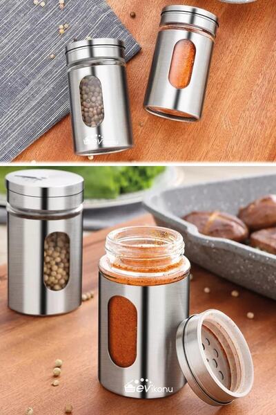 Kawimoda Spice Bowl Salt Shaker Black Pepper Shaker 3 Adjustment Head, Glass Stainless Steel Coated 2 Pieces Spice Bowl Set