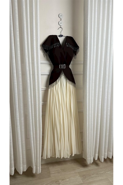 ODAYLZ Chiffon evening dress with pleats and sparkling crystal fringe.