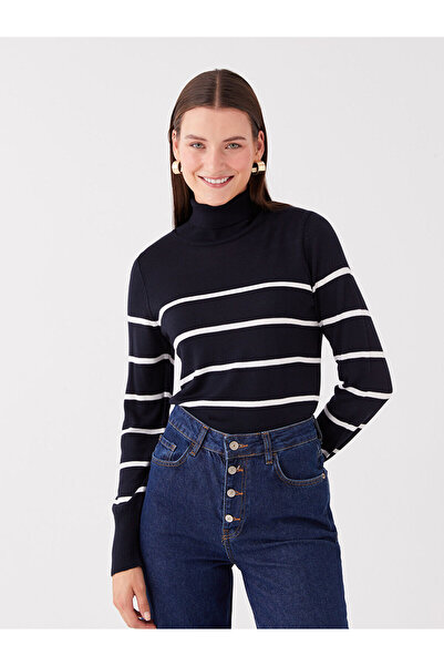 LC Waikiki Navy Blue Turtleneck Striped Long Sleeve Women's Knitwear Sweater