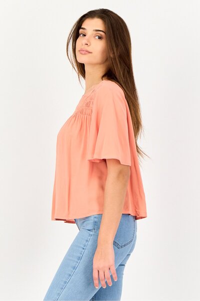 Levi's Women Round Neck Ruffle Sleeve Ruched Top, Coral