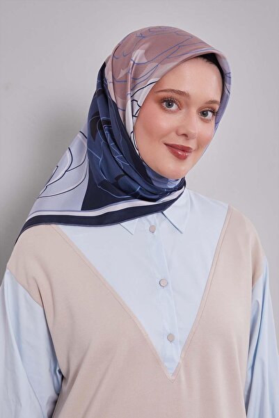 Levidor Navy Blue Abstract Floral Twill Silk Scarf