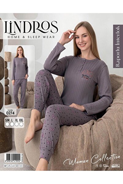 lindros Women's Cotton Button Collar Interlock Winter Pajama Set 0274 - 1 Piece