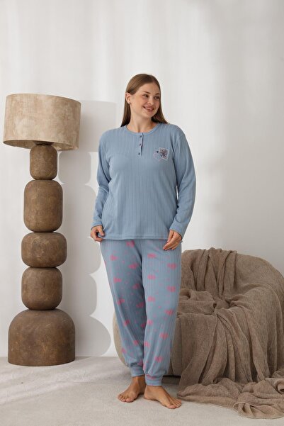 lindros Women's Cotton Button Collar Interlock Winter Oversized Pajama Set 0242 - 1 Piece