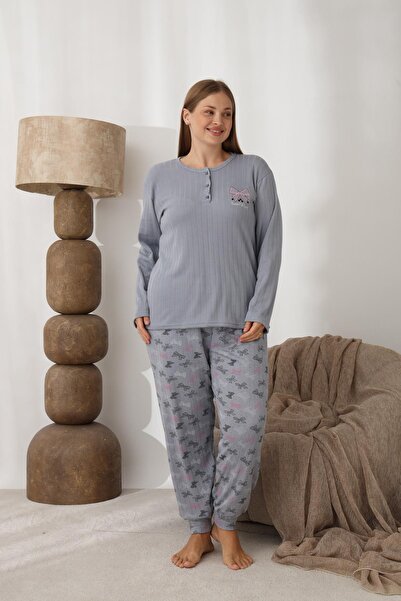 lindros Women's Cotton Button Collar Interlock Winter Oversized Pajama Set 0243 - 1 Piece