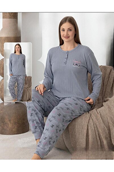 lindros Women's Cotton Button Collar Interlock Winter Oversized Pajama Set 0243 - 1 Piece