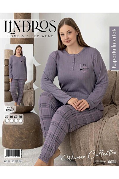 lindros Women's Cotton Button Collar Interlock Winter Oversized Pajama Set 0267 - 1 Piece