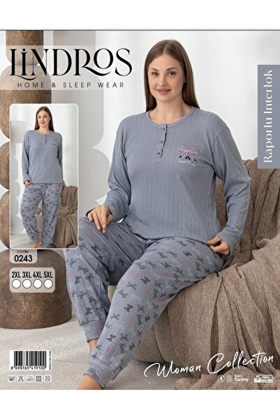 lindros Women's Cotton Button Collar Interlock Winter Oversized Pajama Set 0243 - 1 Piece