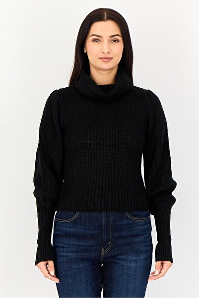 Brave Soul Women Turndown Collar Textured Sweater, Black