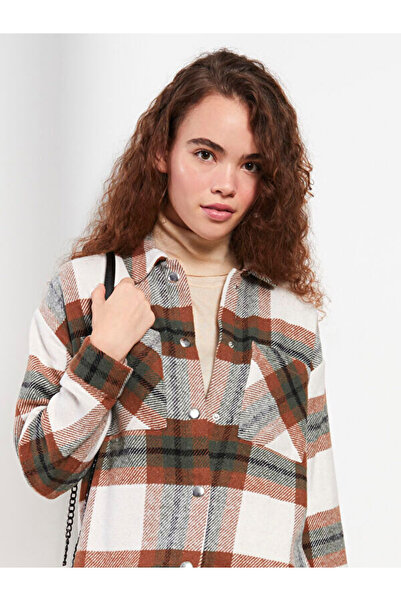 LC Waikiki Plaid Long Sleeve Oversize Gabardine Women's Lumberjack Shirt Jacket