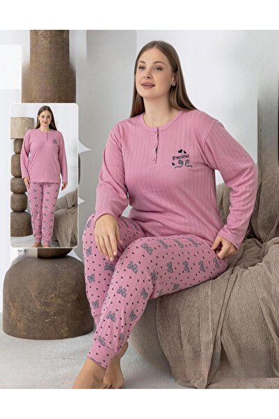 lindros Women's Cotton Button Collar Interlock Winter Oversized Pajama Set 0255 - 1 Piece