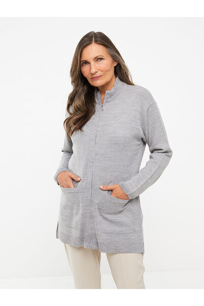 LC Waikiki High Collar Plain Long Sleeve Women's Knitwear Cardigan