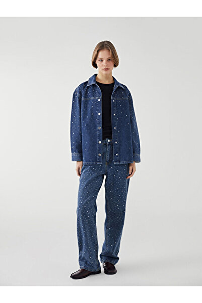 LC Waikiki Jachetă de blugi pentru femei supradimensionat cu guler cămașă cu strasuri strălucitoare