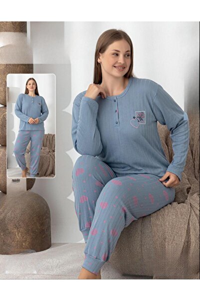 lindros Women's Cotton Button Collar Interlock Winter Oversized Pajama Set 0242 - 1 Piece