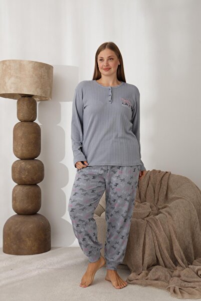 lindros Women's Cotton Button Collar Interlock Winter Oversized Pajama Set 0243 - 1 Piece