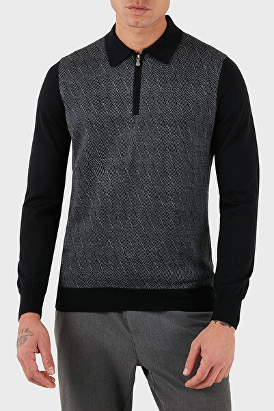 GRAN SASSO Patterned Wool and Cotton Blend Slim Fit Half Zip Polo Neck Sweate...