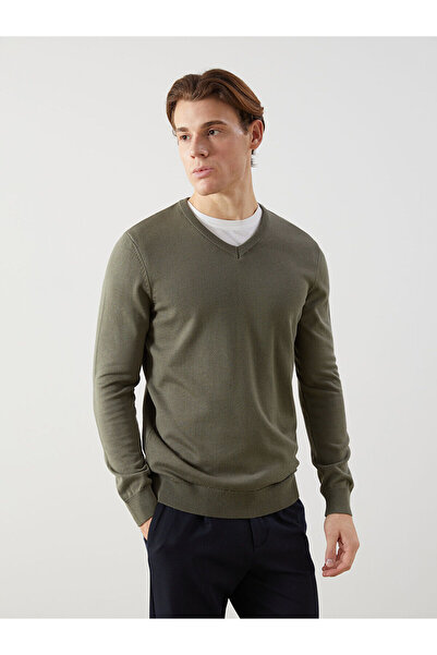 LC Waikiki Lcwaikiki Classic Khaki V Neck Long Sleeve Men's Knitwear Sweater