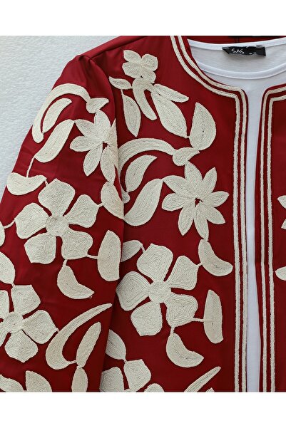 Modamorfo Lined Jacket with Embroidered Sleeves and Front - Burgundy