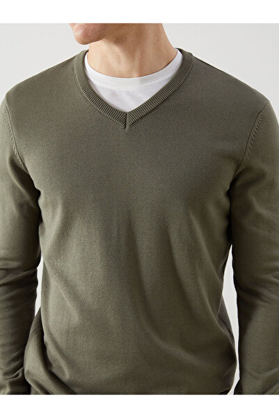 LC Waikiki Lcwaikiki Classic Khaki V Neck Long Sleeve Men's Knitwear Sweater